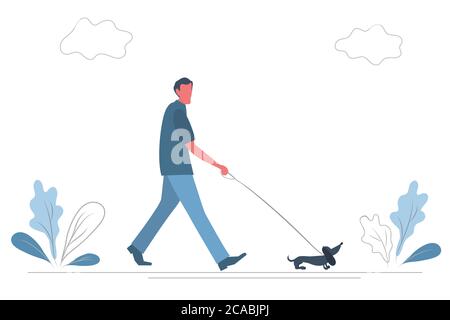 L'homme marche avec un chien dans le parc.UN homme conduit un chien de dachshund sur une laisse. Il y a aussi des plantes et des nuages dans l'image. Style plat. Vecteur Illustration de Vecteur