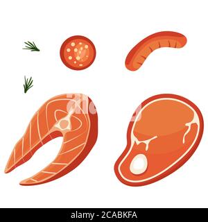 Saucisse, biftecks et romarin sur fond blanc isolé. Viande barbecue pour invitation ou carte-cadeau, carnet, logo de bar grill, album. Étui de téléphone ou Illustration de Vecteur