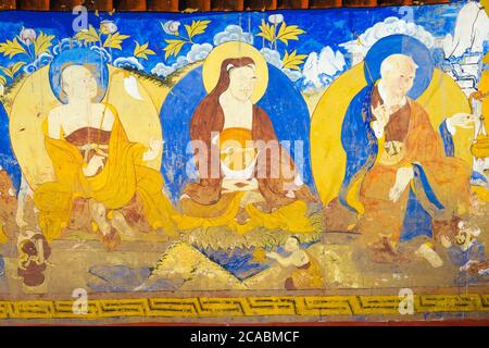 Ancienne fresque au monastère de Thikse (Thikse Gompa) au Ladakh, Jammu-et-Cachemire, Inde. Le monastère a été construit à l'origine au XVe siècle. Banque D'Images