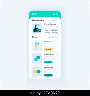 Modèle de vecteur d'interface pour smartphone de l'application de surveillance des prix. Mise en page de conception de la page d'application mobile en mode jour. Produits sur les sites Web de commerce électronique à l'écran. Interface utilisateur plate pour Illustration de Vecteur