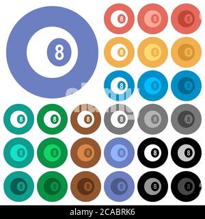 Huit boules de billard noires multi-couleurs icônes plates sur fond rond. Variantes d'icônes blanches, claires et sombres incluses pour l'état stationnaire et actif ef Illustration de Vecteur