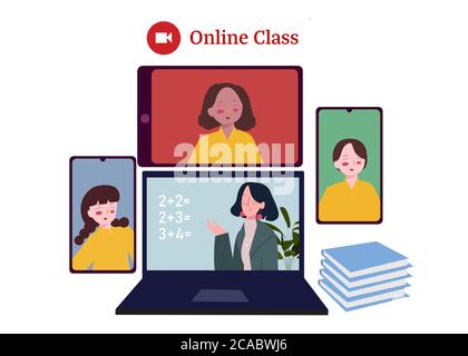 Cours de maths pour enseignants en vidéo conférence sur smartphone portable avec étudiant en ligne concept de dessin animé plat style. Illustration de Vecteur