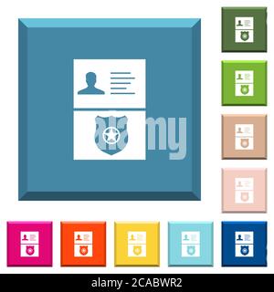 Les icônes blanches d'identité et de badge de police sur les boutons carrés bordés dans différentes couleurs tendance Illustration de Vecteur