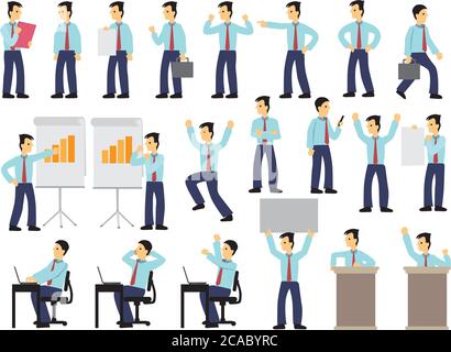 Ensemble d'homme d'affaires dans différentes expressions et poses. Illustration vectorielle isolée. Illustration de Vecteur