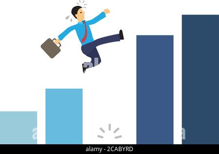 Homme d'affaires qui court sur le graphique et saute sur un fossé géant. Illustration de dessin animé vectoriel pour le concept de surmonter les défis numériques ou transformat Illustration de Vecteur