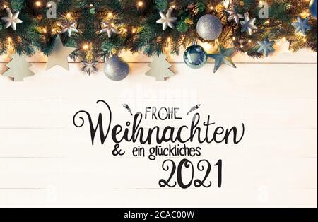 Bannière de Noël Turquoise rétro, Calligraphie Glueckliches 2021 signifie heureux 2021 Banque D'Images