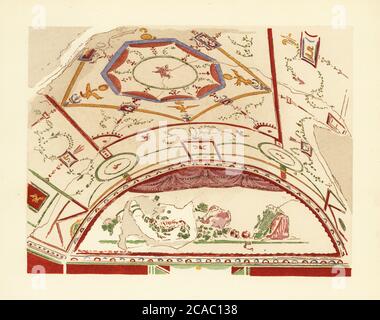 Salon voûté dans une maison sur la route de Stabiae, Pompéi. Quatrième style de Pompeian. Oecus voute d’une maison de la rue de Stabies. Style de Quatrieme. Pochoeur de couleur main (pochoir) lithographie de Pierre Guzman de sa propre Décoration murale a Pompei, (décoration murale à Pompéi), Éditions Albert Morance), Paris, 1924. Banque D'Images