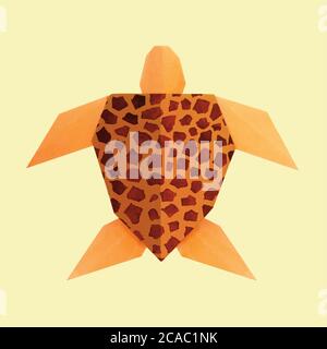 Tortue de mer orange d'Origmi avec carapace imprimée sur fond jaune sable Banque D'Images