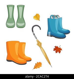 Jeu de bottes en caoutchouc d'automne colorées illustration vectorielle. Illustration de Vecteur