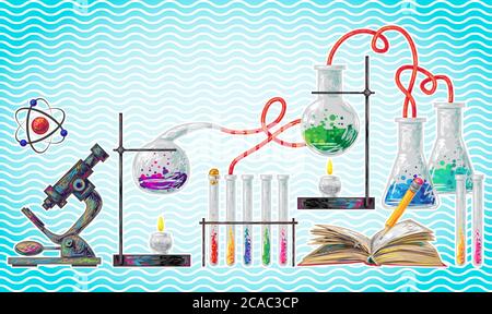 éléments de laboratoire scientifique sur fond d'onde abstraite Illustration de Vecteur