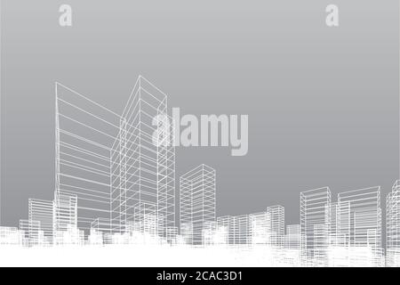 Arrière-plan abstrait de ville filaire. Rendu 3D en perspective de l'élément filaire de construction. Illustration vectorielle. Illustration de Vecteur