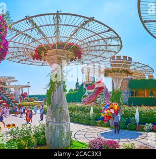 DUBAÏ, Émirats Arabes Unis - 5 MARS 2020 : l'allée du Miracle Garden est bordée de parasols en métal géant, tordus de plantes vertes et décorés de rose vif Banque D'Images