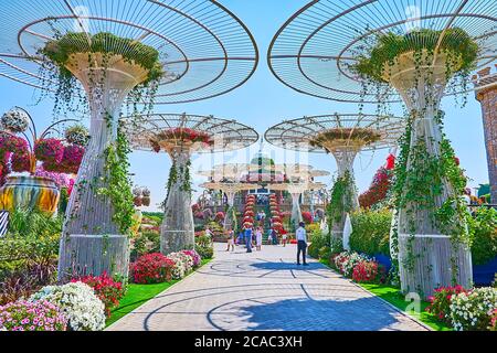 DUBAÏ, Émirats Arabes Unis - 5 MARS 2020 : promenez-vous dans l'allée pittoresque avec des parasols géants, des parterres de fleurs pétunia et un pavillon d'observation en arrière-plan, Miracle Garde Banque D'Images