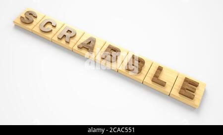 Blocs de lettres en bois de Scrabble, illustration 3D. Convient aux thèmes de table d'intérieur Banque D'Images