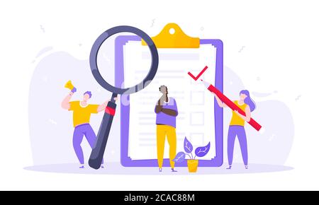 Tâche fait business concept minuscules personnes avec mégaphone, loupe et crayon Illustration de Vecteur