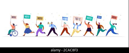 Groupe de personnes, marchant avec des drapeaux aux élections. Foule de femmes et d'hommes lors d'une manifestation. Concept de campagne électorale, vecteur de thème de vote Illustration de Vecteur