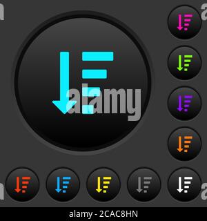 Boutons-poussoirs sombres en mode liste ordonnée décroissant avec icônes de couleur vive sur fond gris foncé Illustration de Vecteur