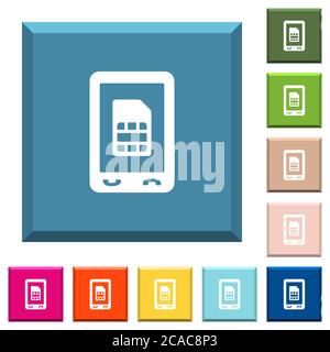 Les icônes blanches de la carte SIM mobile sur les boutons carrés à bords dans diverses couleurs tendance Illustration de Vecteur
