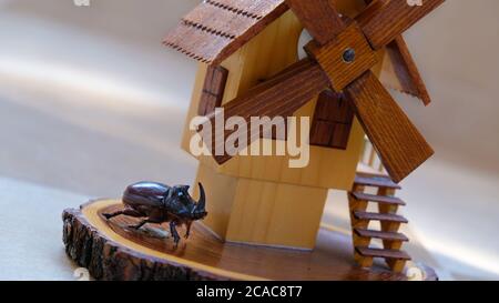 Rhinocéros Beetle sur le moulin en bois Banque D'Images