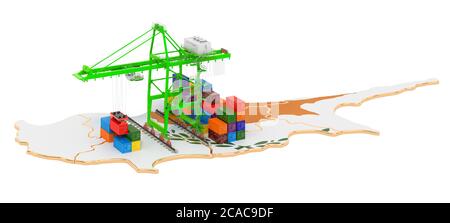 Transport de marchandises à Chypre concept. Grues de port avec conteneurs de fret sur la carte de Chypre. Rendu 3D isolé sur fond blanc Banque D'Images