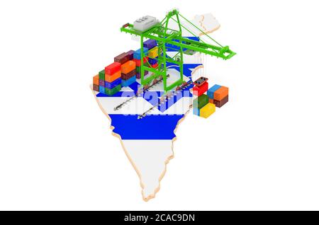 Transport de fret en Israël concept. Grues de port avec conteneurs de cargaison sur la carte israélienne. Rendu 3D isolé sur fond blanc Banque D'Images