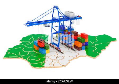 Transport de fret au Nigeria concept. Grues de port avec conteneurs de marchandises sur la carte nigériane. Rendu 3D isolé sur fond blanc Banque D'Images