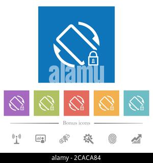 Rotation de l'écran mobile verrouillé icônes blanches plates sur fond carré. 6 icônes bonus incluses. Illustration de Vecteur