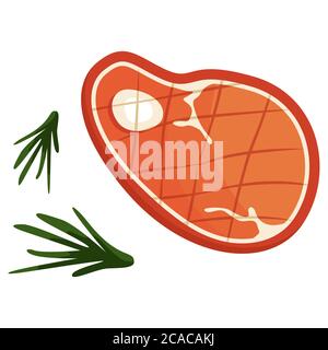 Steak frit et branche de romarin sur fond blanc isolé. Barbecue pour invitation ou carte-cadeau, carnet, logo de la barre de barbecue, album. Étui de téléphone ou cl Illustration de Vecteur