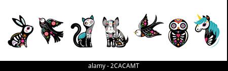 Jour des morts, Dia de los muertos, collection de squelettes d'animaux, chien, oiseau, licorne, crânes de lapin et de chat et squelette décorés de couleurs vives Illustration de Vecteur