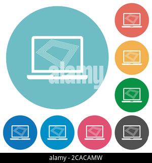 Économiseur d'écran sur ordinateur portable plat icônes blanches sur fond rond de couleur Illustration de Vecteur