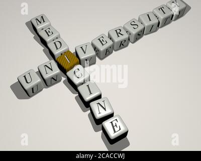 MÉDECINE UNIVERSITAIRE combinée par des lettres de dés et de couleur de croisement pour les significations connexes du concept. Éducation et collège. Illustration 3D Banque D'Images