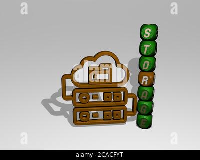 Illustration 3D des graphiques de stockage et du texte autour de l'icône faite par des lettres de dés métalliques pour la signification du concept et des présentations. Données et arrière-plan Banque D'Images