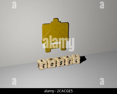 Représentation 3D de chevalet avec icône sur le mur et texte disposé par des lettres métalliques cubes sur un sol miroir pour la signification du concept et la présentation du diaporama. Artiste et art Banque D'Images