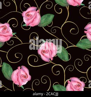 Motif baroque vintage sans couture avec boucles dorées et fleurs roses sur fond noir. Aquarelle rose dessinée à la main, ornée de roses. Imprimer pour te Banque D'Images