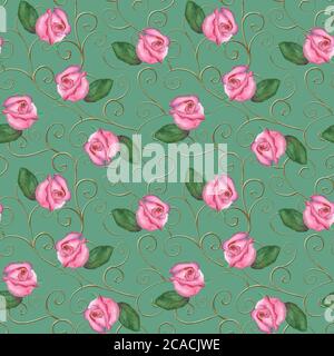 Motif baroque vintage sans couture avec boucles dorées et fleurs roses sur fond vert pastel. Aquarelle rose dessinée à la main, ornée de roses. Imprimer Banque D'Images