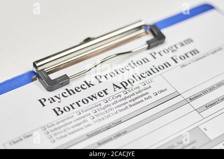 Gros plan à angle élevé d'un emprunteur du programme de protection des chèques de paie Formulaire de demande Banque D'Images