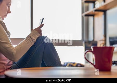 Une femme inquiète pour lire des informations sur son téléphone portable Banque D'Images