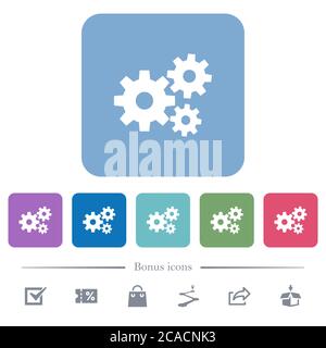 Icônes plates blanches Gears sur arrière-plans carrés de couleur arrondie. 6 icônes bonus incluses Illustration de Vecteur