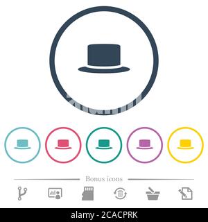 Chapeau de soie plat icônes de couleur dans les contours ronds. 6 icônes bonus incluses. Illustration de Vecteur