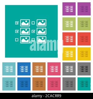 Sélection d'images multiples avec cases à cocher icônes plates multicolores sur fonds carrés simples. Variantes d'icône blanche et foncée incluses pour le survol ou Illustration de Vecteur