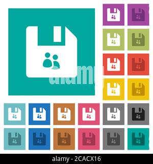 Groupe de fichiers icônes plates multicolores sur arrière-plans carrés simples. Inclut des variantes d'icône blanche et foncée pour les effets de survol ou actifs. Illustration de Vecteur