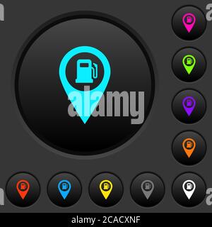 Emplacement de la carte GPS de la station-service boutons-poussoirs sombres avec icônes de couleur vive sur fond gris foncé Illustration de Vecteur