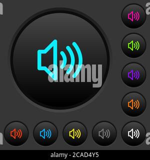 Boutons-poussoirs de volume sombre avec icônes de couleur vive sur fond gris foncé Illustration de Vecteur