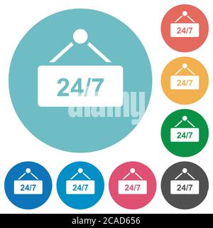 table suspendue avec des icônes blanches plates 24 heures sur 24, 7 jours sur 7, sur fond rond de couleur Illustration de Vecteur