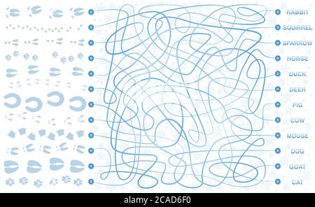 Labyrinthe de pistes d'animaux. Labyrinthe avec empreintes de pas dans la neige. Trouver le bon chemin à travers le labyrinthe pour le lapin, l'écureuil, le moineau, le cheval, le canard ... Banque D'Images