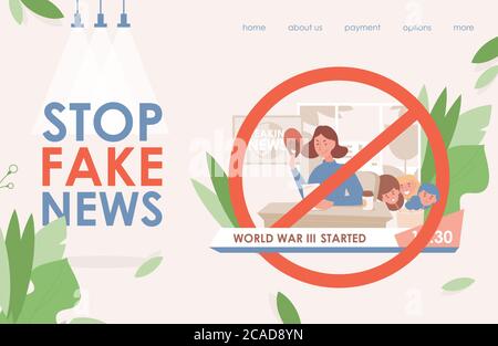 Arrêter les fausses nouvelles dans le modèle de page d'arrivée à plat de vecteur tv et Internet. Une jeune femme en colère change de masque et dit de la désinformation. Arrêtez Hoax et vérifiez le modèle de site Web d'actualités. Illustration de Vecteur