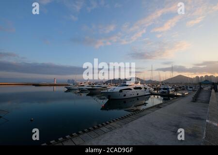 yachts marina au lever du matin. eau de mer bleu paisible. yachts luxueux berth dans le port. grand angle Banque D'Images