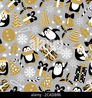 Motif de Noël sans coutures avec pingouins sur fond gris. Illustration vectorielle. Illustration de Vecteur