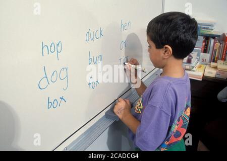 Garçon hispanique apprenant l'orthographe à l'aide d'un tableau effaçable à sec dans sa classe à l'école privée. ©Bob Daemmrich Banque D'Images