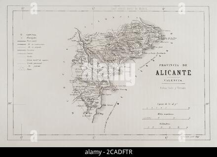 Espagne. Carte de la province d'Alicante, 19e siècle. Cronica général de España. Historia Ilustrada y Descriptiva de sus Provincias. Valence, 1867. Banque D'Images